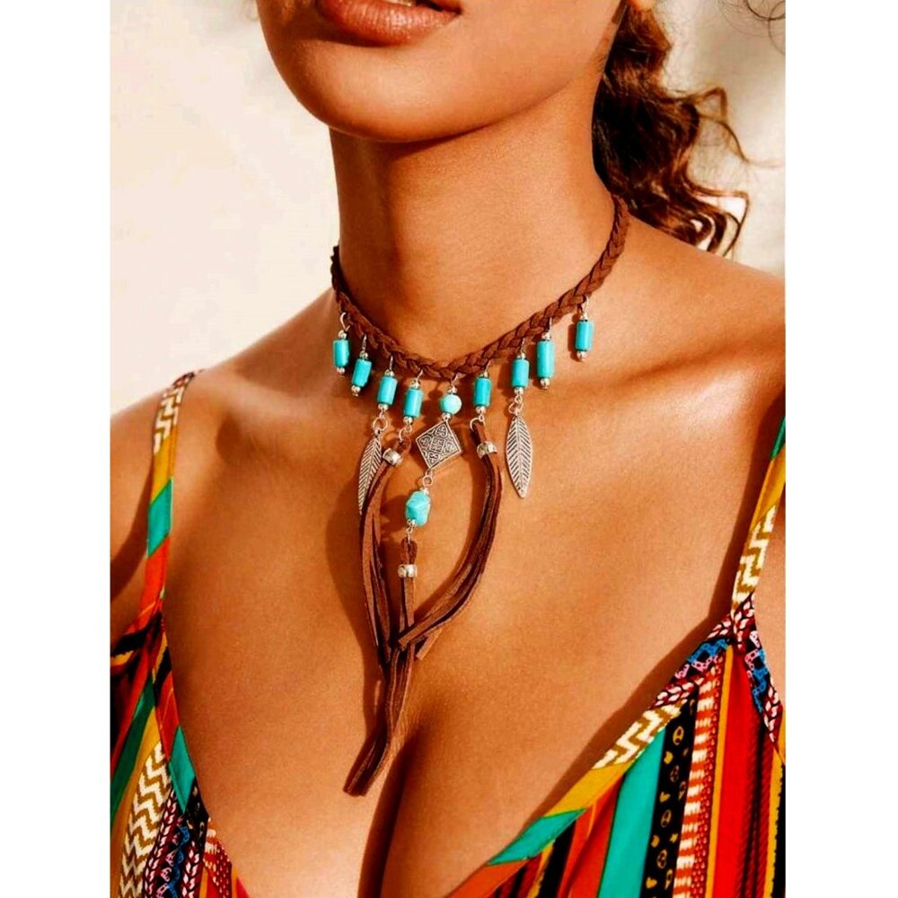 Necklace. Brown Braided Suede Cord & Tassels. Turquoise Beads. Silver Feathers.